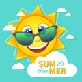 ItÃ¢â¬â¢s Summer time! Shinny sun in sunglasses with sign on the cloud. Summer background Royalty Free Stock Photo